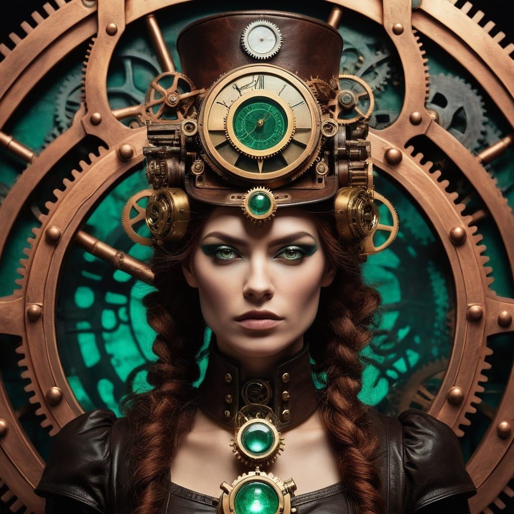 Steampunk Queen Portrait with Emerald Gem and Clockwork Crow...