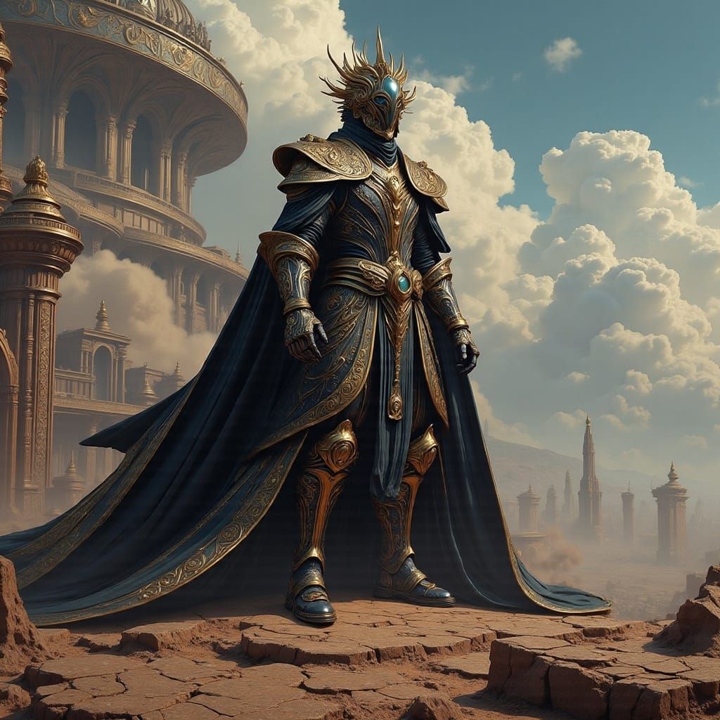 Dystopian Ruler in a Sci-Fi Landscape