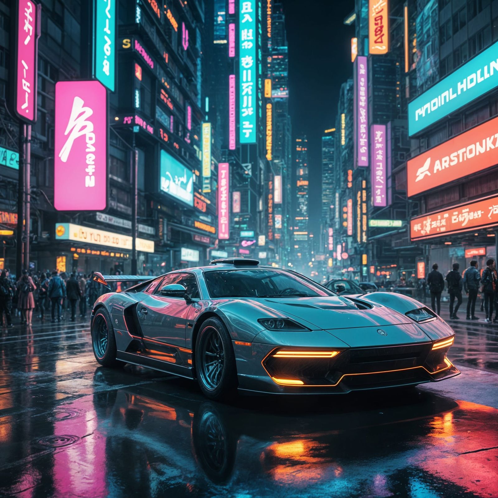 Cyberpunk Cityscape at Night: Neon Skyscrapers and Flying Ca...