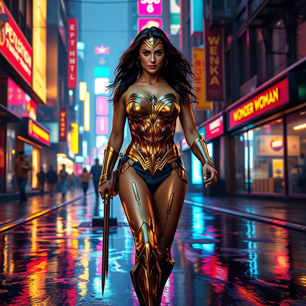 Wonder Woman in Cosmic Gold Walks Busy City Street