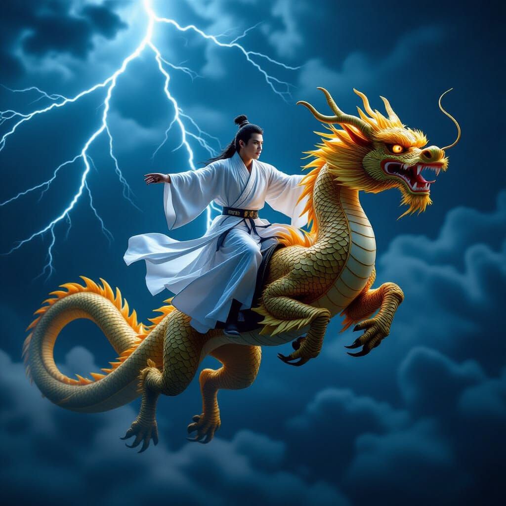 Man Rides Golden Dragon Through Stormy Night Sky