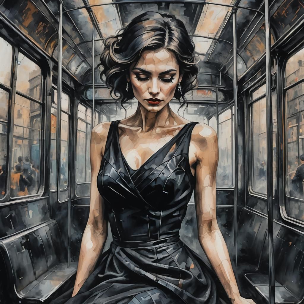 Abstract Woman in Black Dress on Vintage Tram
