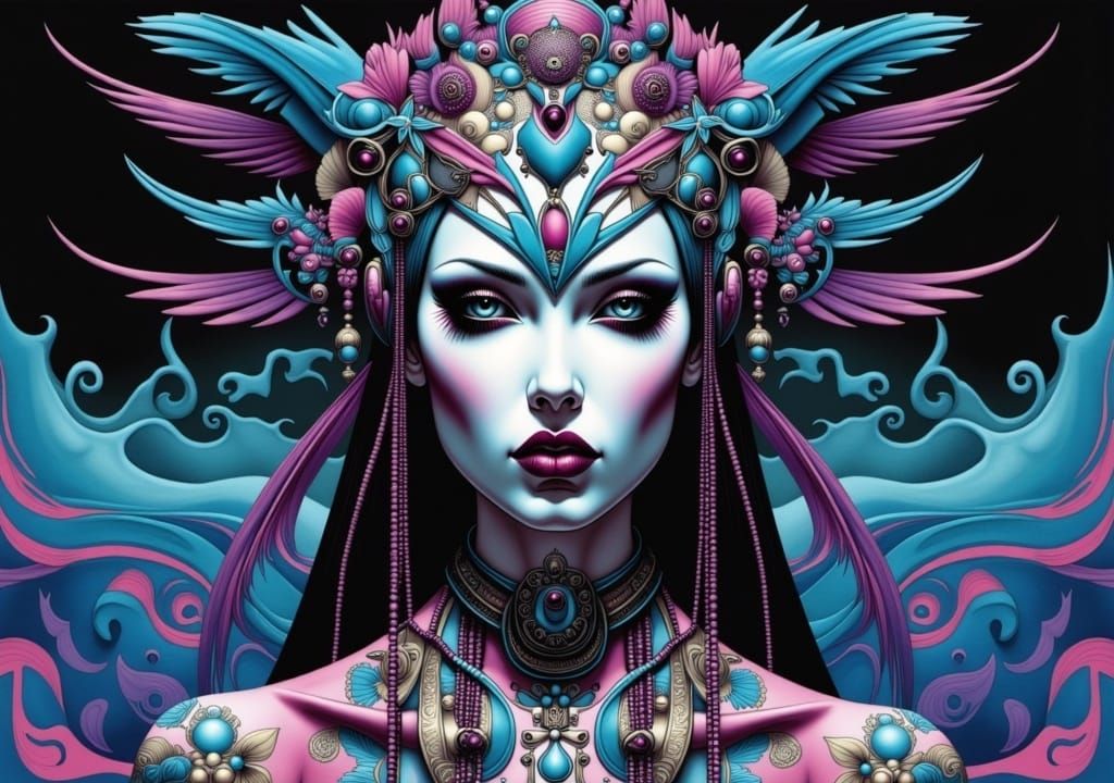 Demonic Tattooed Woman in Jugendstil Sci-Fi Portrait