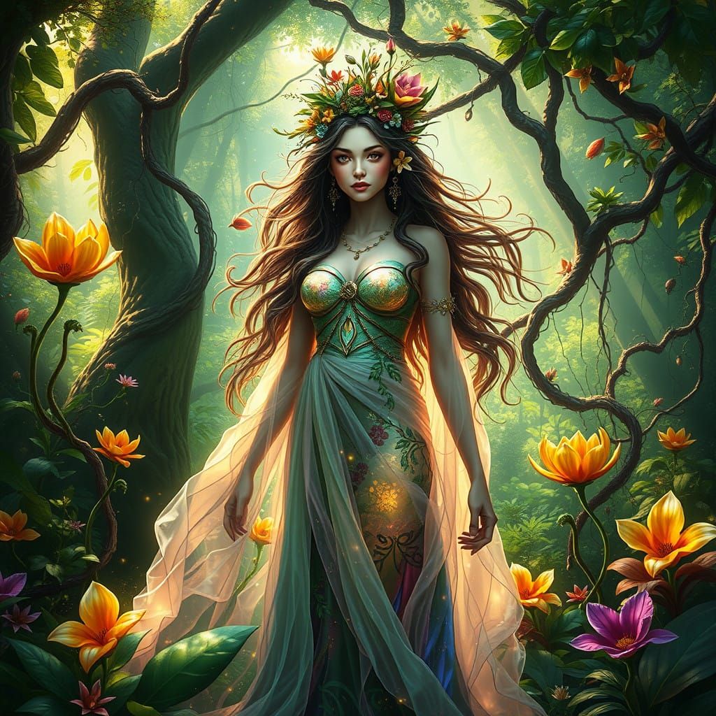Ethereal Goddess Among Vibrant Forest Landscapes