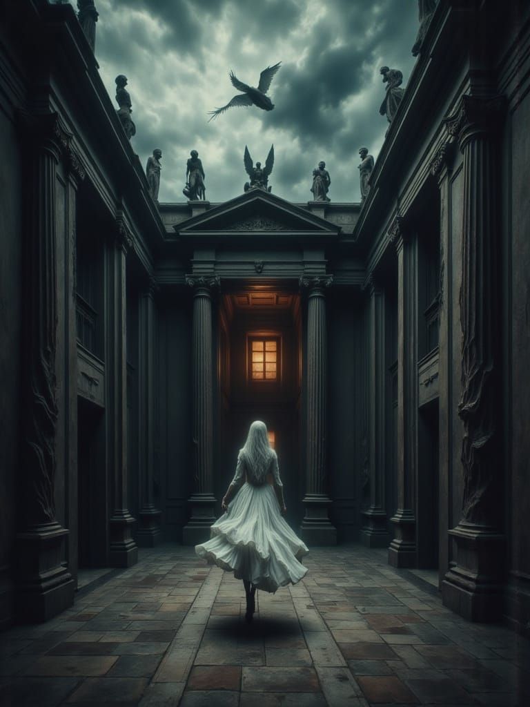 Woman in Storm Chases Sanctuary, Macabre Painting