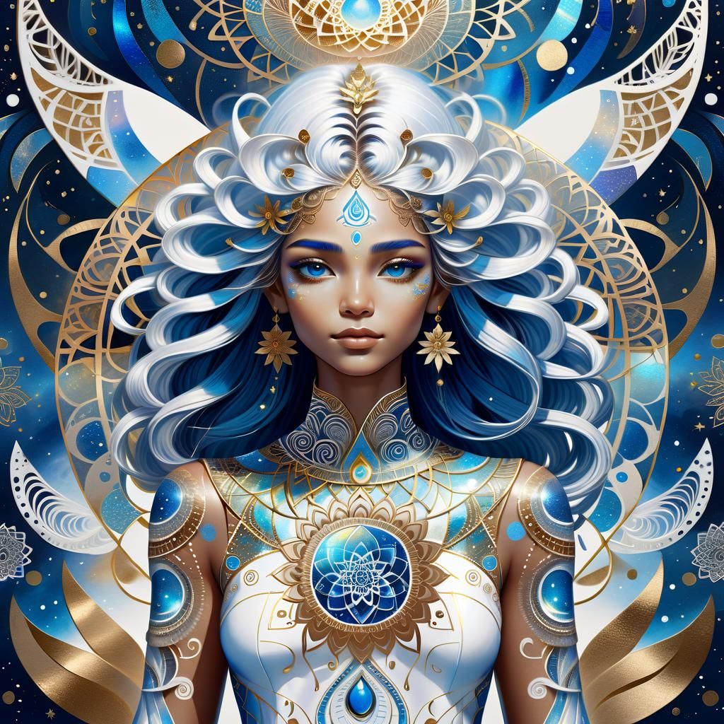 Shimmering Woman with Zentangle Mandala in Astral Illustrati...