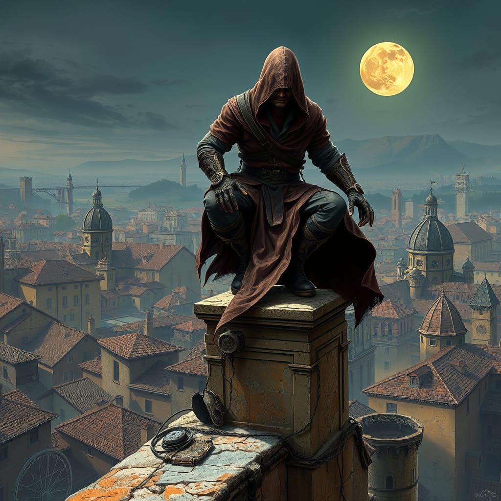 Stealthy Assassin on Ancient Rooftop, Renaissance Cityscape ...