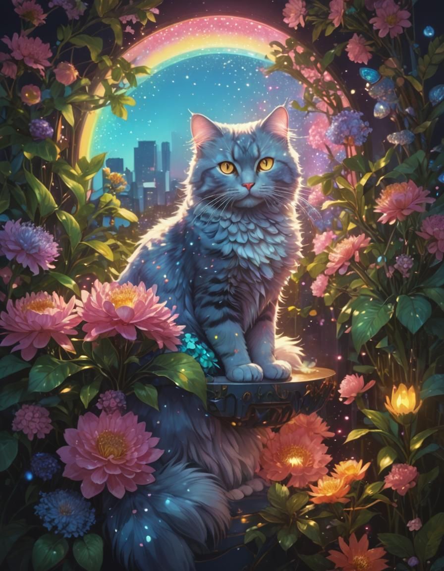 Neon Manga Cat with Wings in Futuristic Style