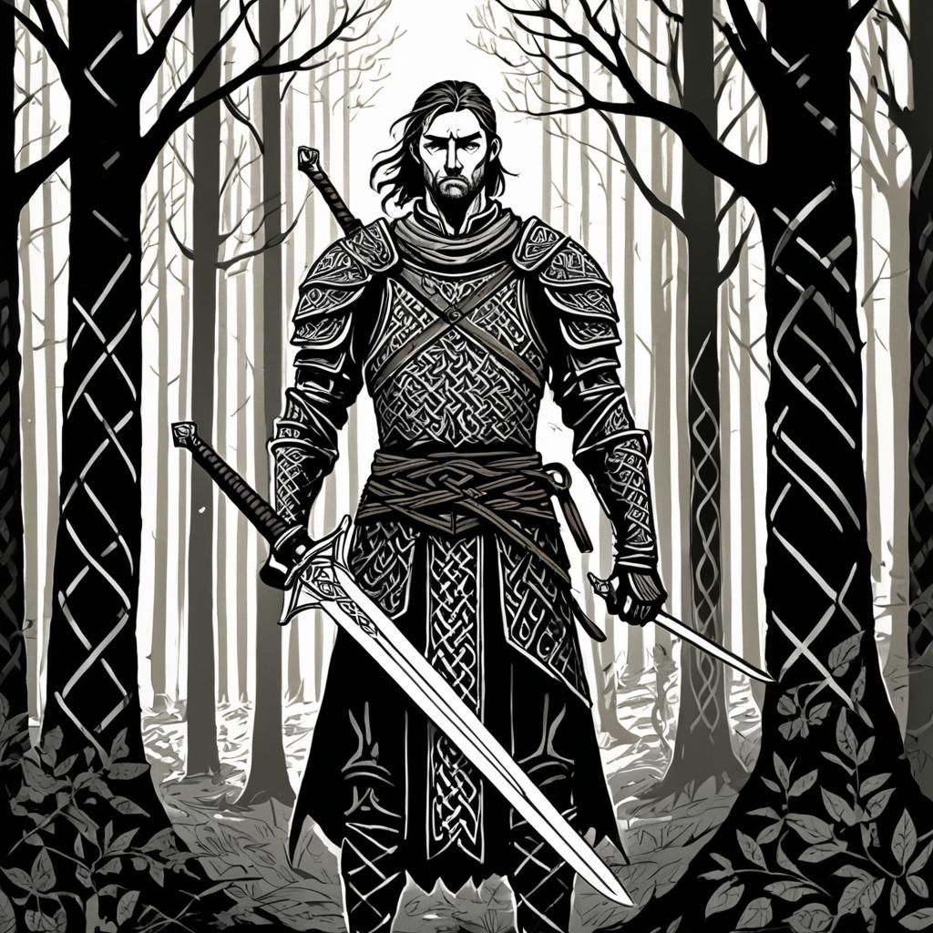 Medieval Warrior in Dark Forest, Comic Book Art