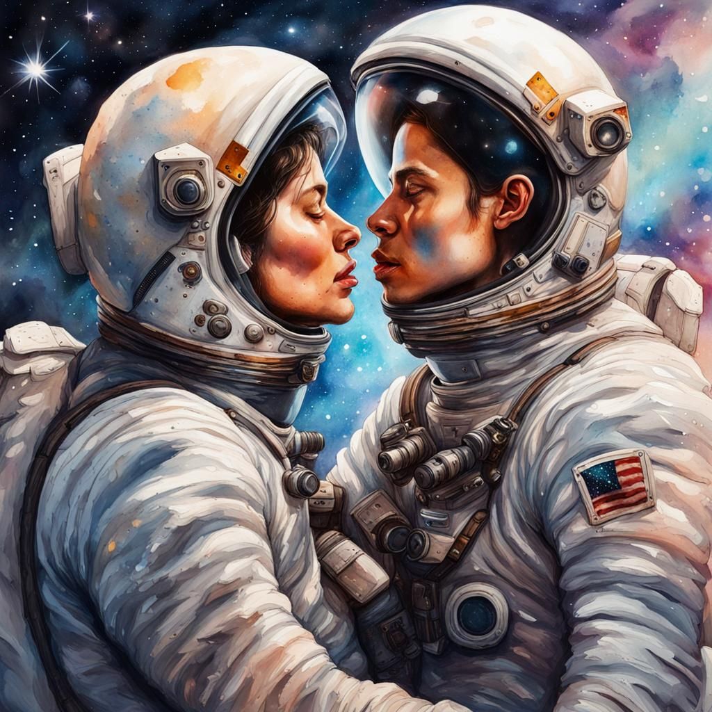 Astronauts' Kiss in Space: Hyperrealistic Watercolor