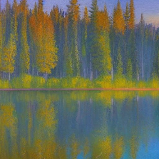Tranquil Mountain Lake Sunrise, Impressionist Oil Painting