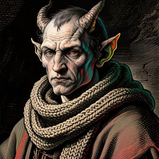 Grizzled Tiefling Mendicant in Stark Etching Style