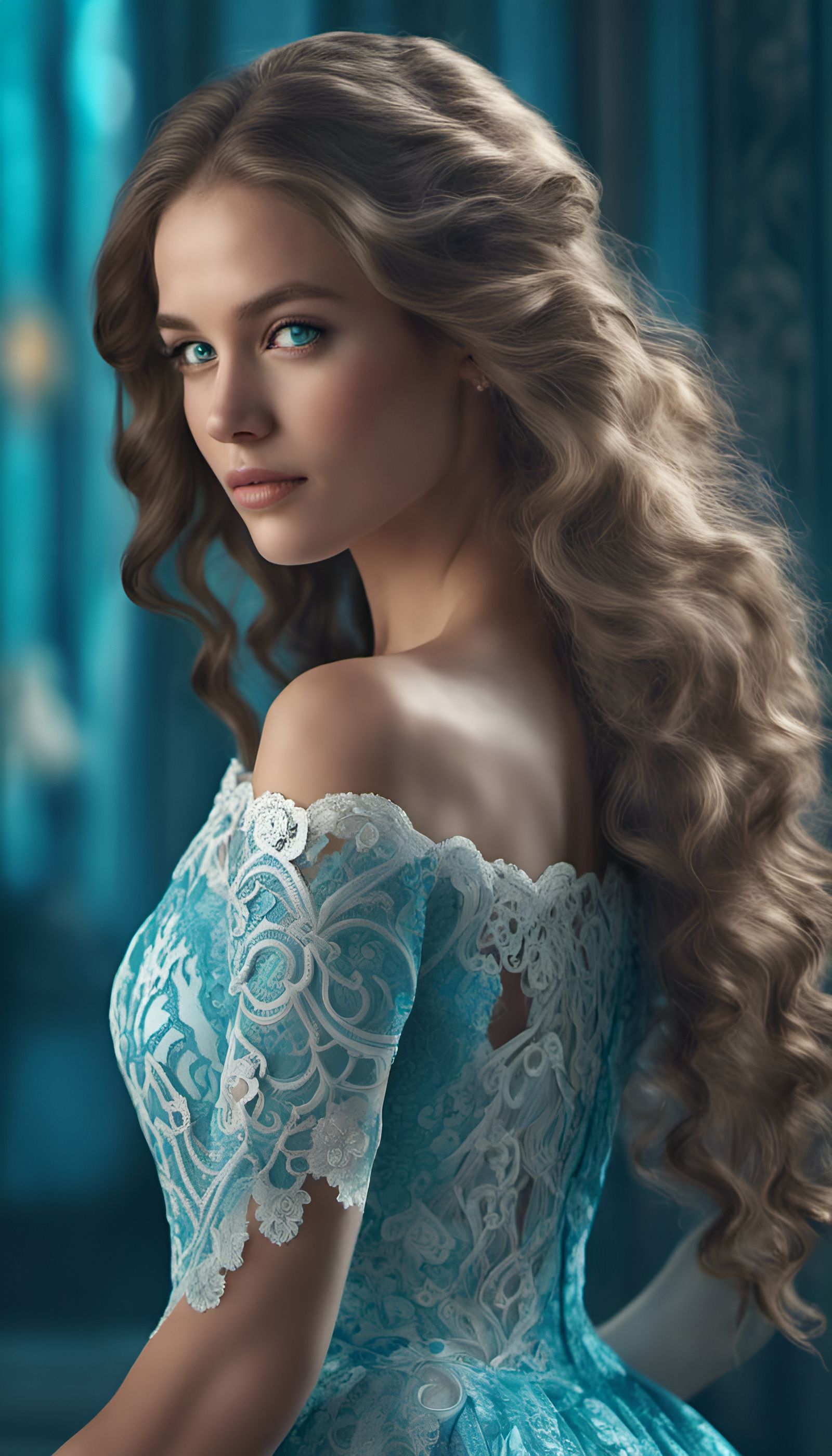 Elegant Lady in Turquoise Lace: Hyper-Realistic Portrait
