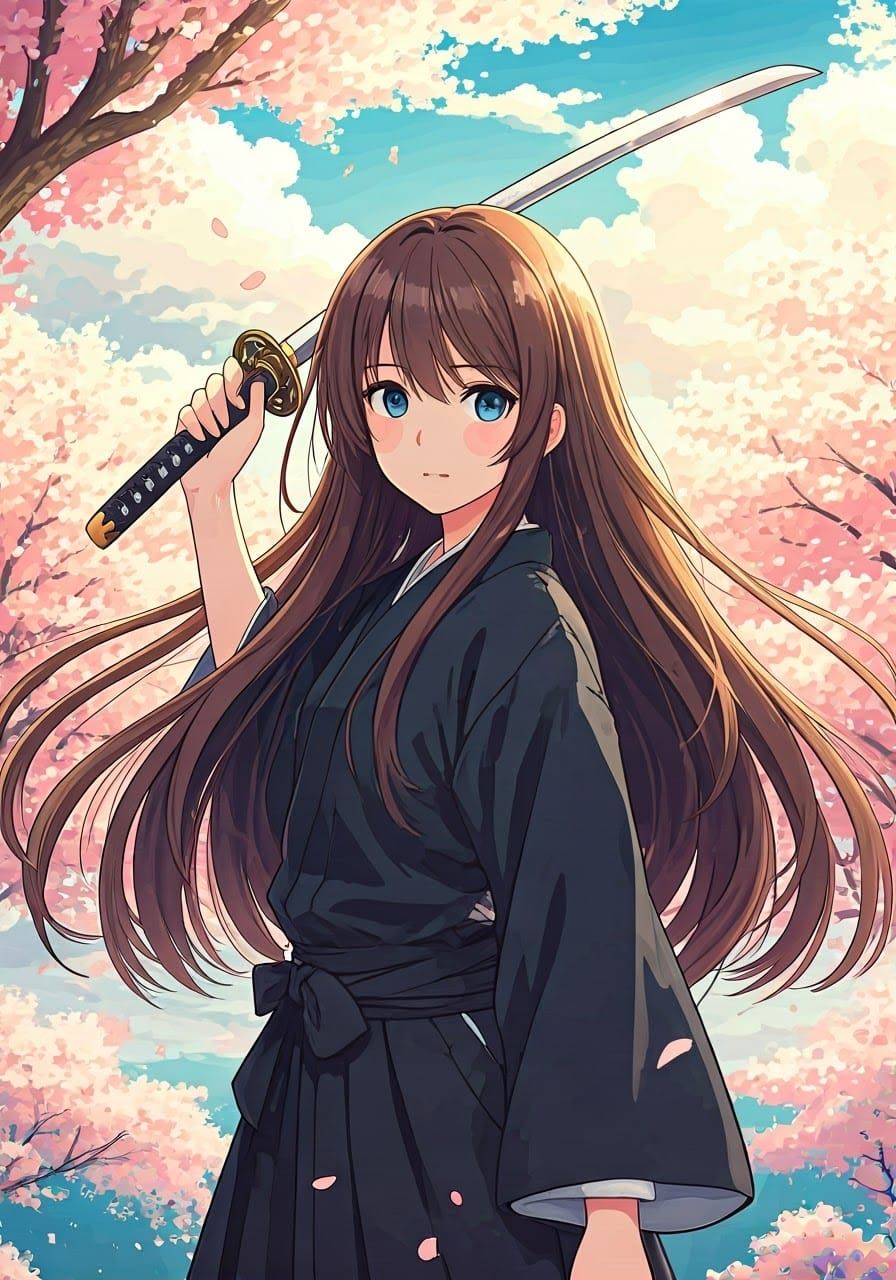 Anime Girl with Katana in Cherry Blossom Storm