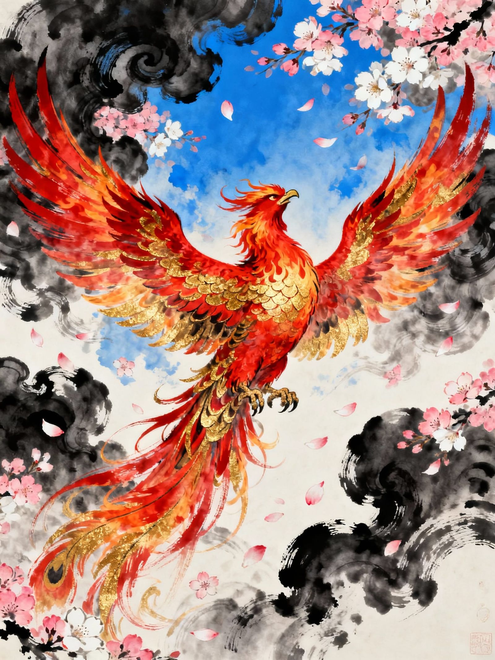 Japanese Phoenix Tattoo Design in Sumi-E Style