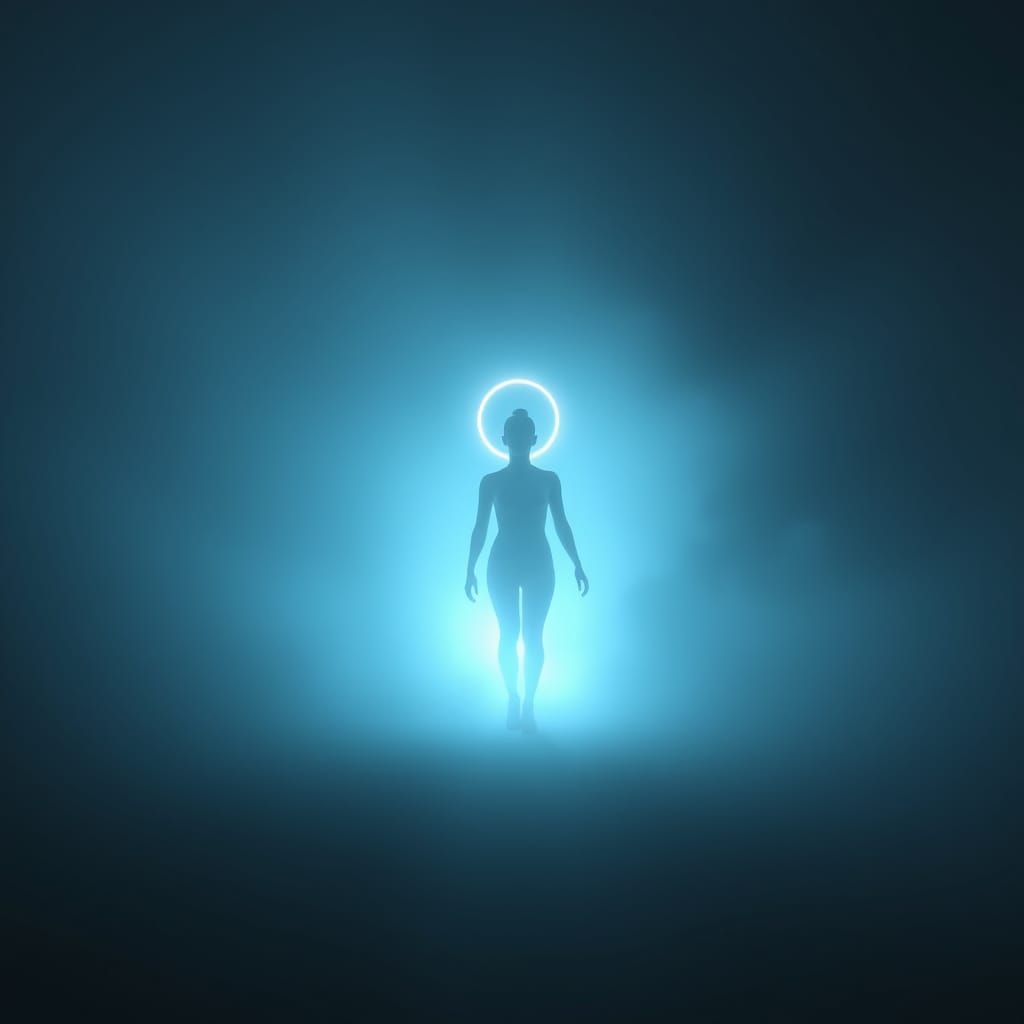 Luminous Figure Walks Through Dense Fog