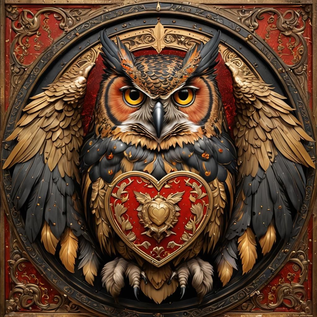 Heraldic Owl Coat of Arms in Art Nouveau Style