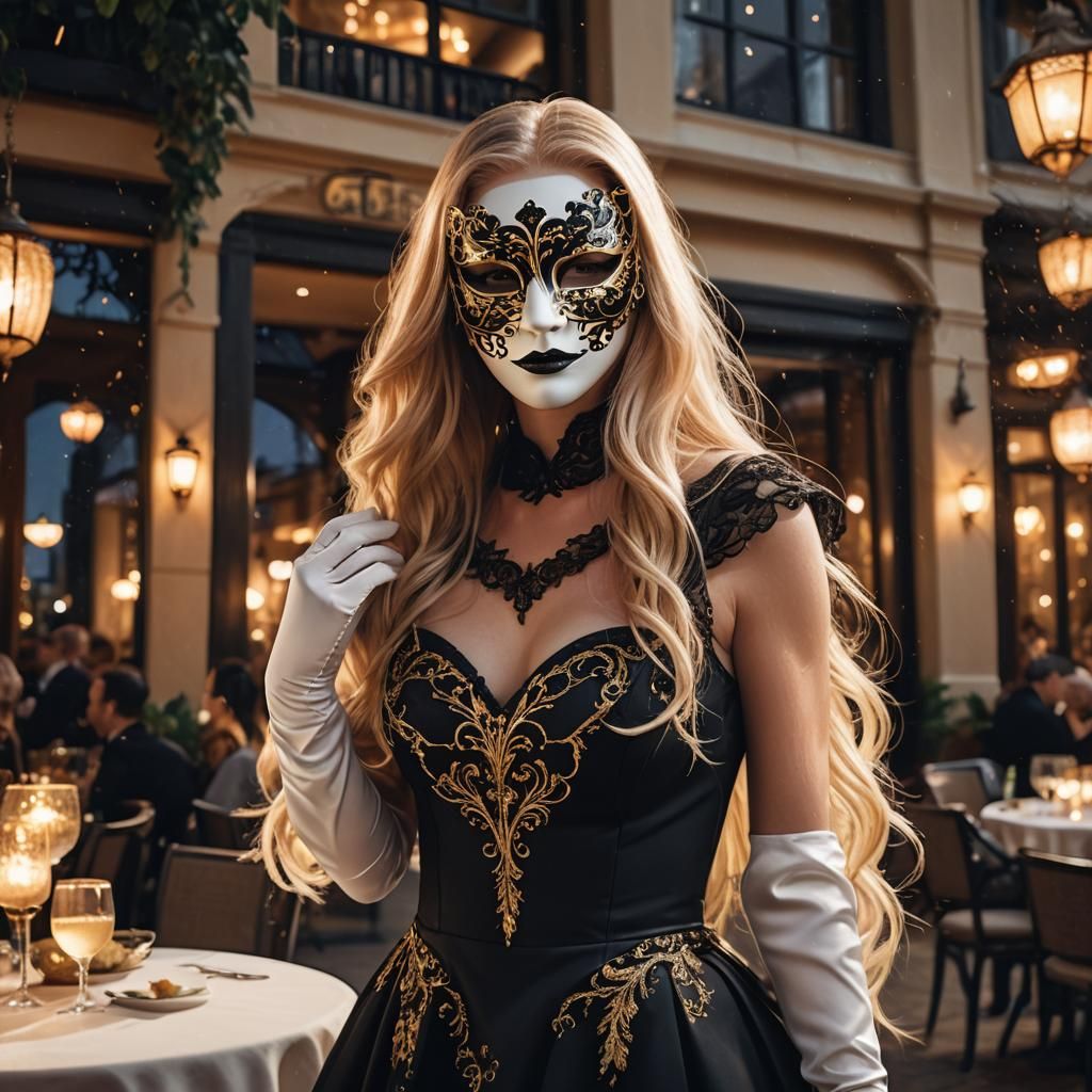 Elegant Woman in Golden Light, Baroque-Inspired Patio