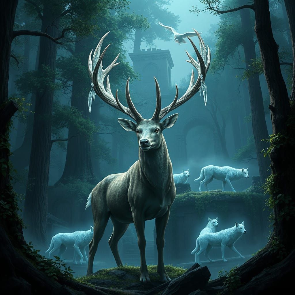 Majestic Stag Amidst Ancient Ayleid Ruins in Cyberpunk Lands...