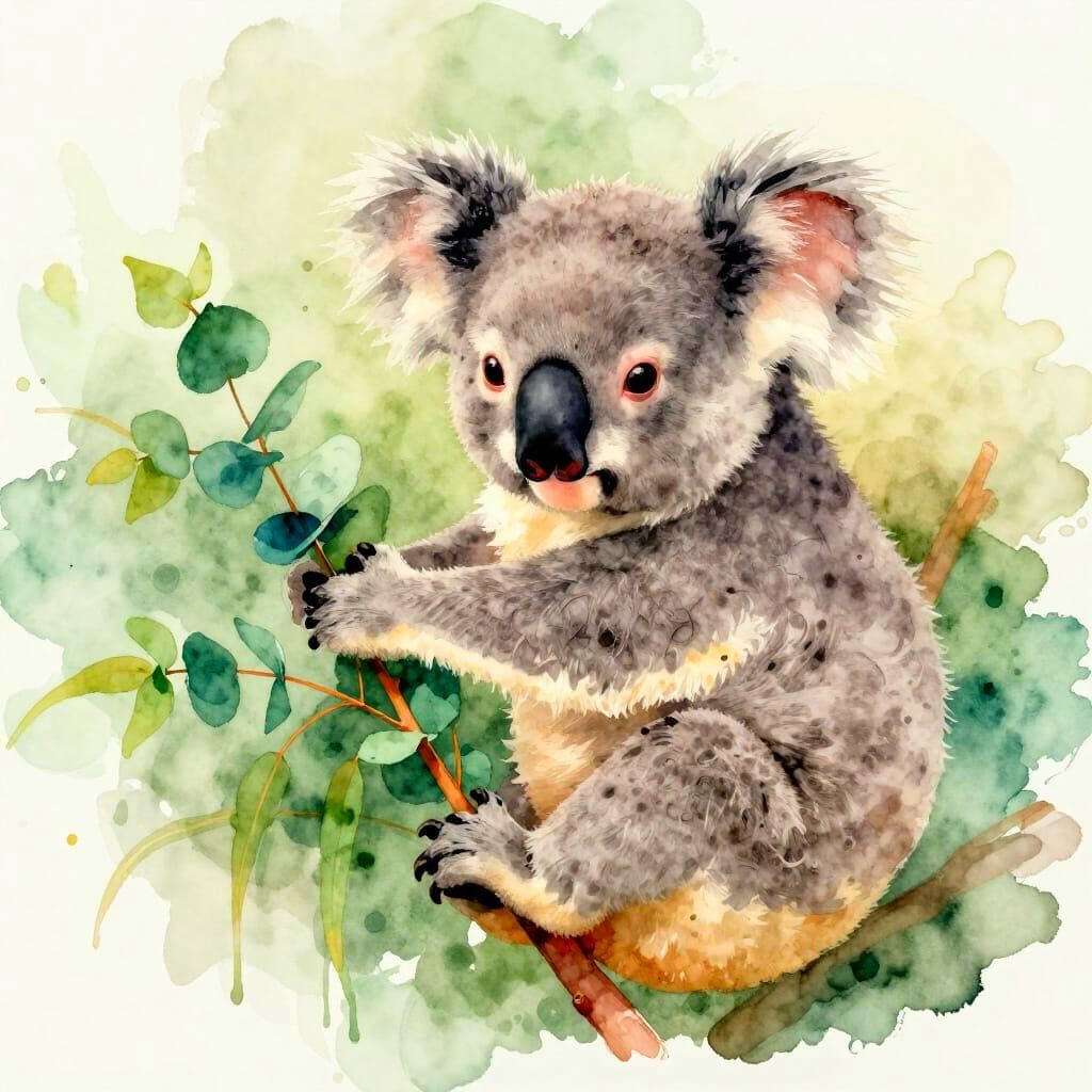 Tender Baby Koala Hugs Eucalyptus in Watercolor Style