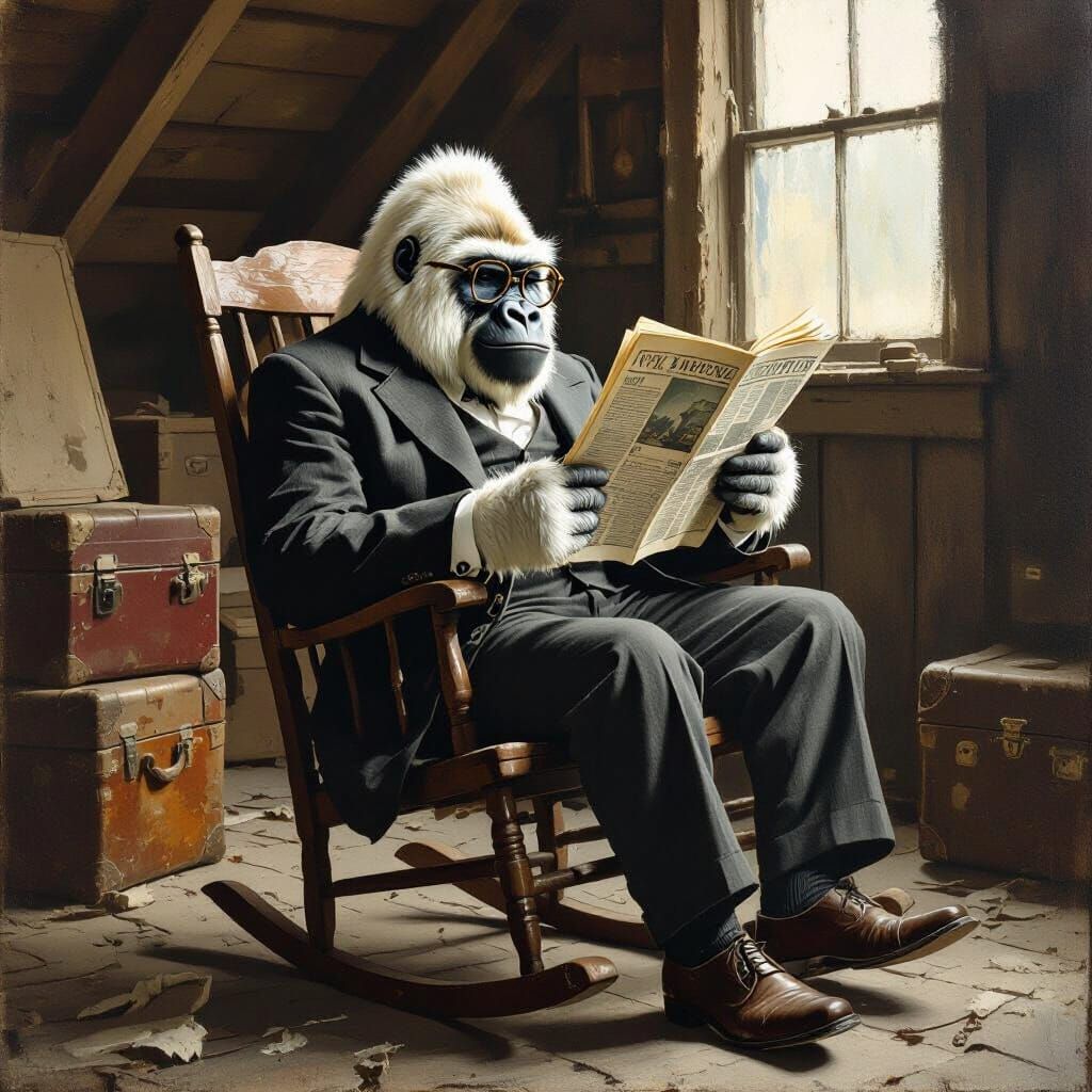 Gorilla Reads Newspaper Upside Down: Rockwell-esque Painting