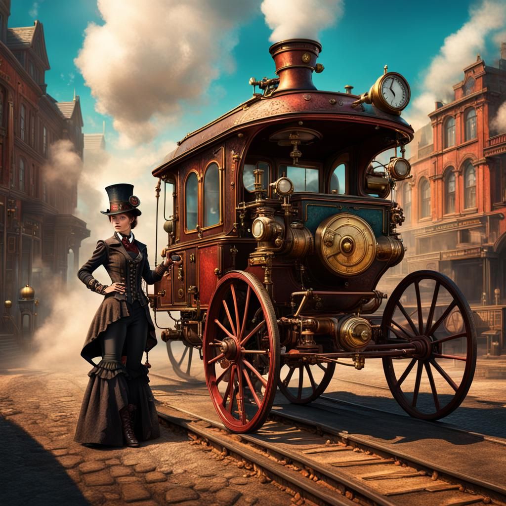 Steampunk Woman and Her Steam Carriage