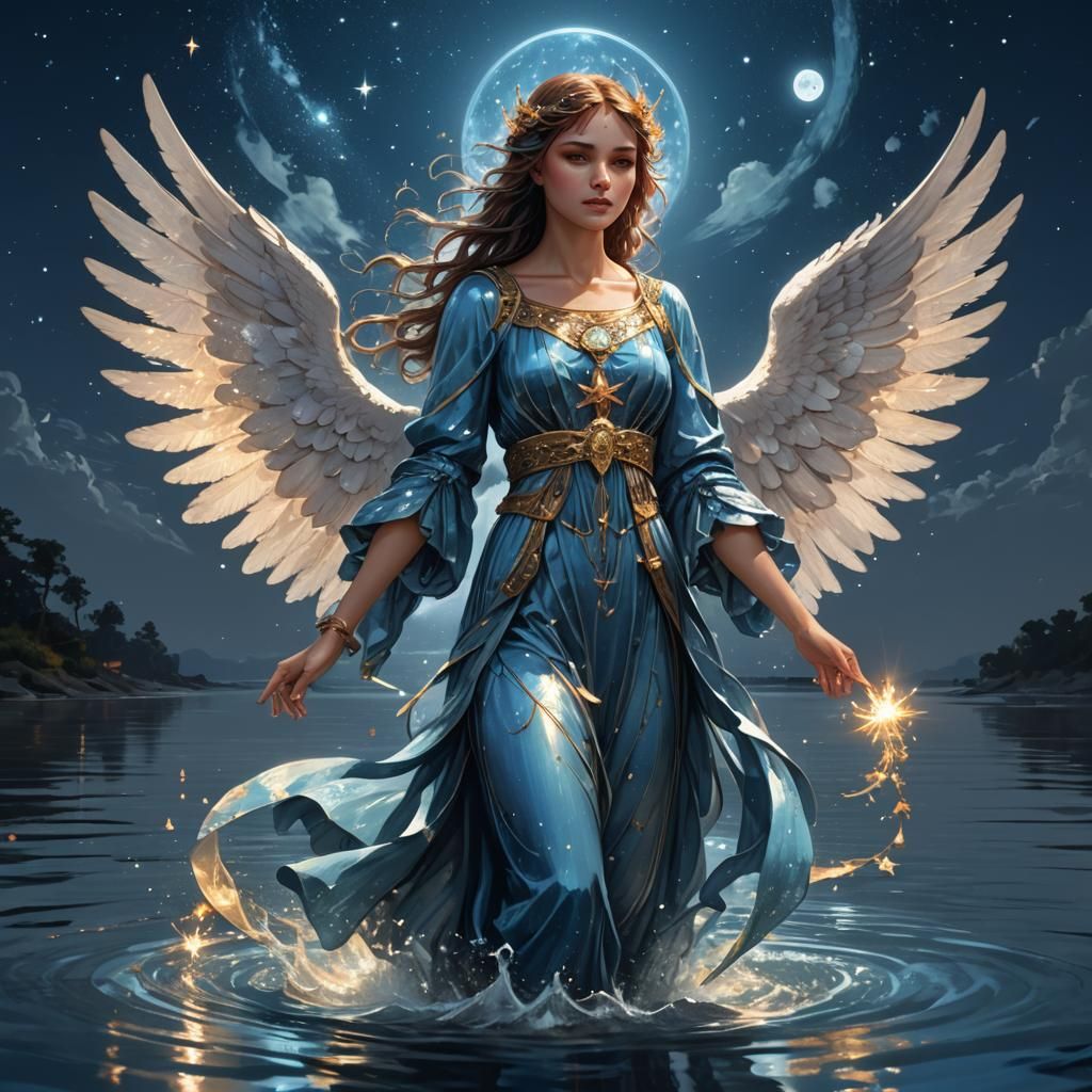 Blue Angel Walking on Water in Moonlight
