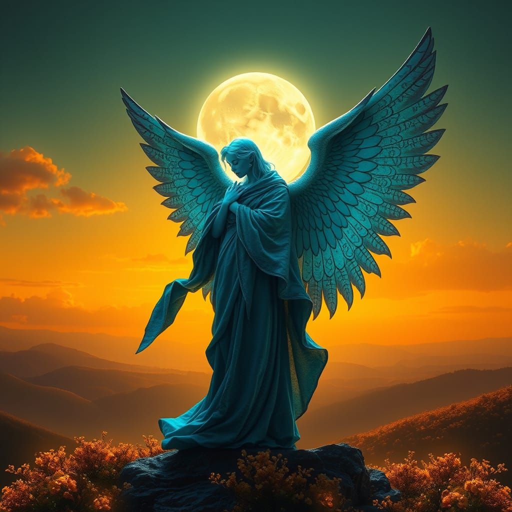 Blue Angel in Amber Sky Landscape