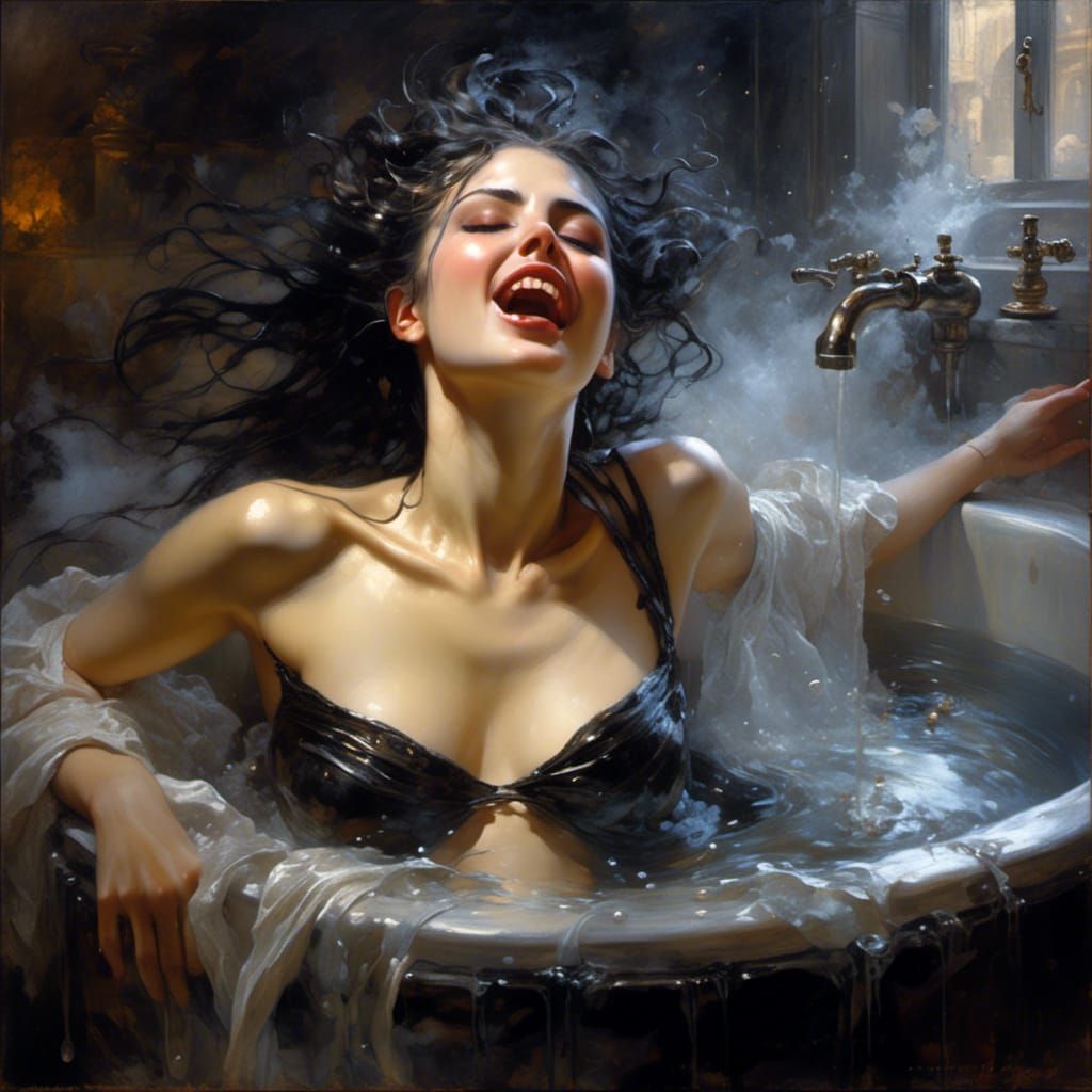 Ecstatic Woman's Bath: Hyperreal Gothic Portrait