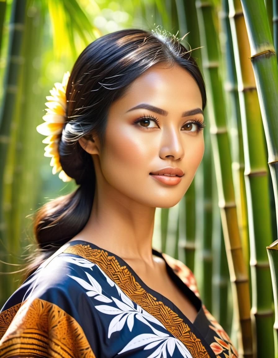 Indonesian Woman in Batik Dress Walking in Tropical Valley