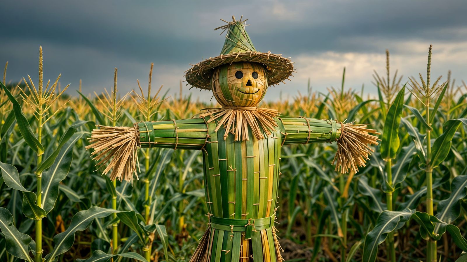 Photorealistic Bamboo Scarecrow in Lush Cornfield