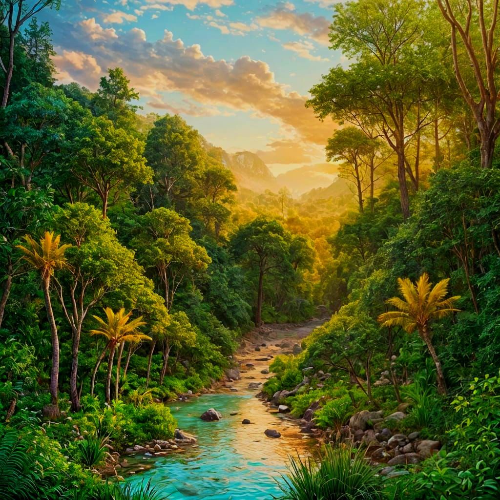 Hyperrealistic Turquoise Forest Landscape With Green Stream