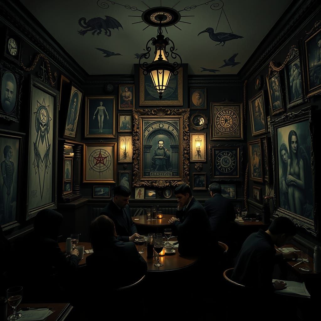 Gothic Coffee Shop: Eclectic Art in Dim Light