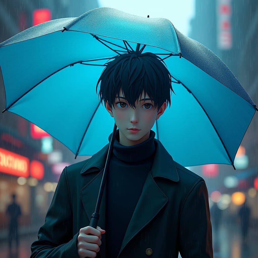Brooding Man with Blue Umbrella in Anime Style