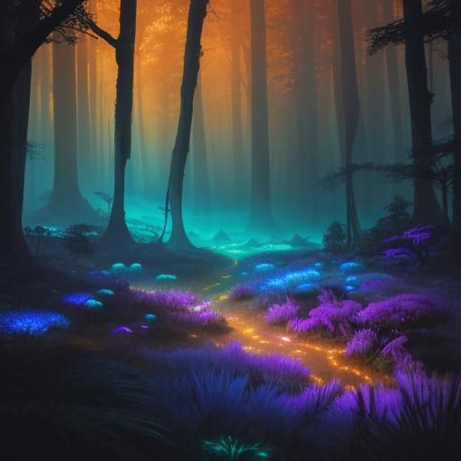 Eerie Alien Landscape with Bioluminescent Flora