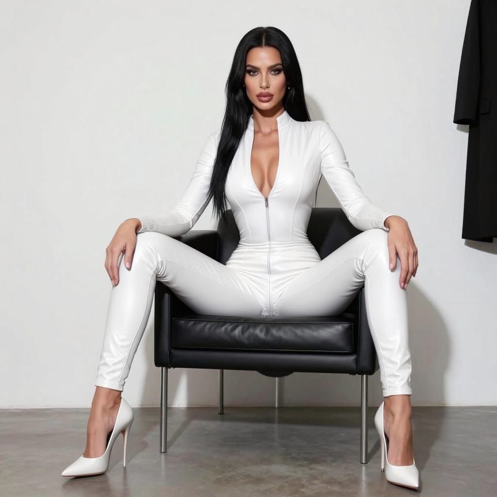 Fashion Model in Black Leather Bodysuit