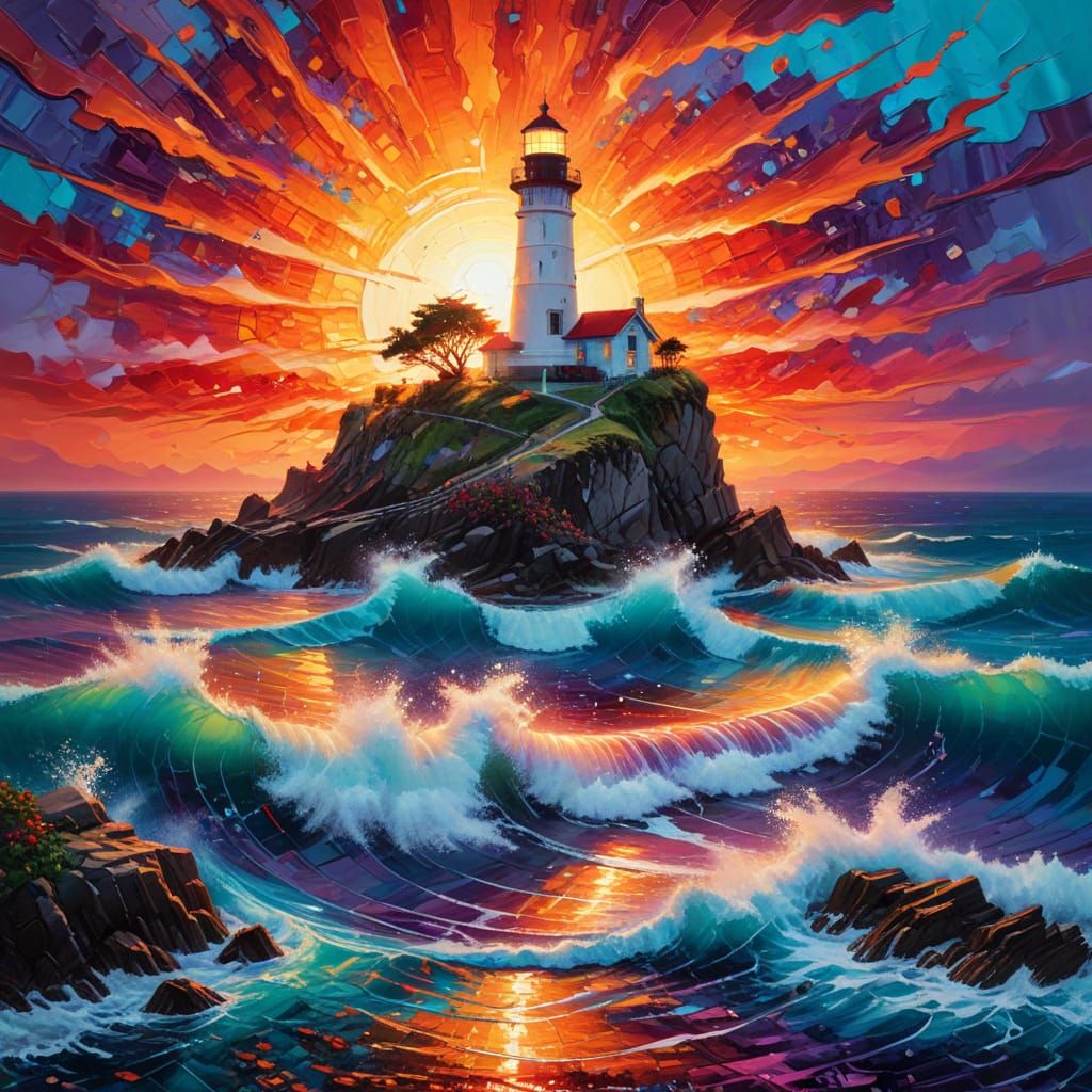 Colorful Sunset Lighthouse: Hyperrealistic Impasto Painting