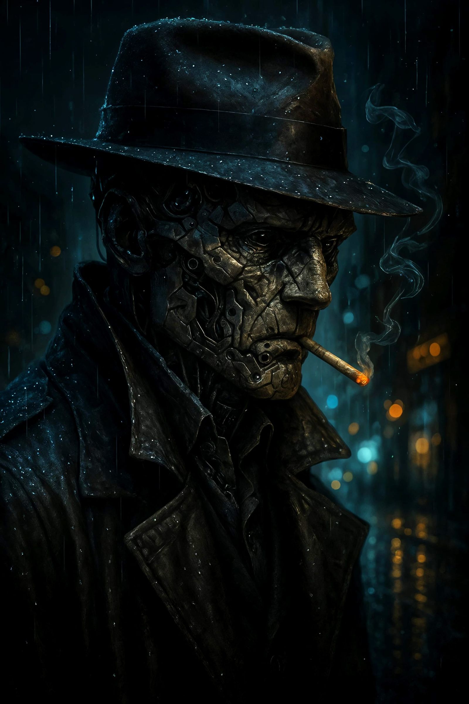 Noir Cyborg Portrait on Rainy City Street