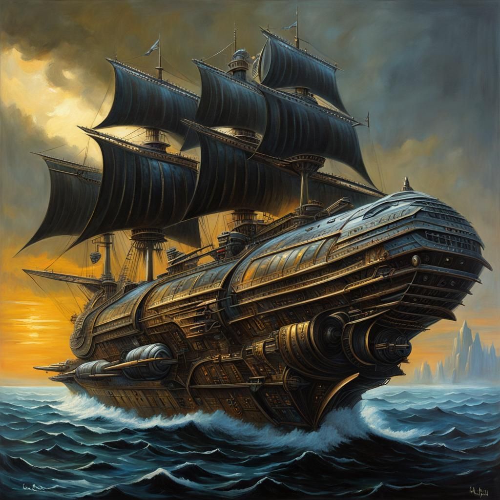 Dieselpunk Starship Frigate, Chris Foss Style