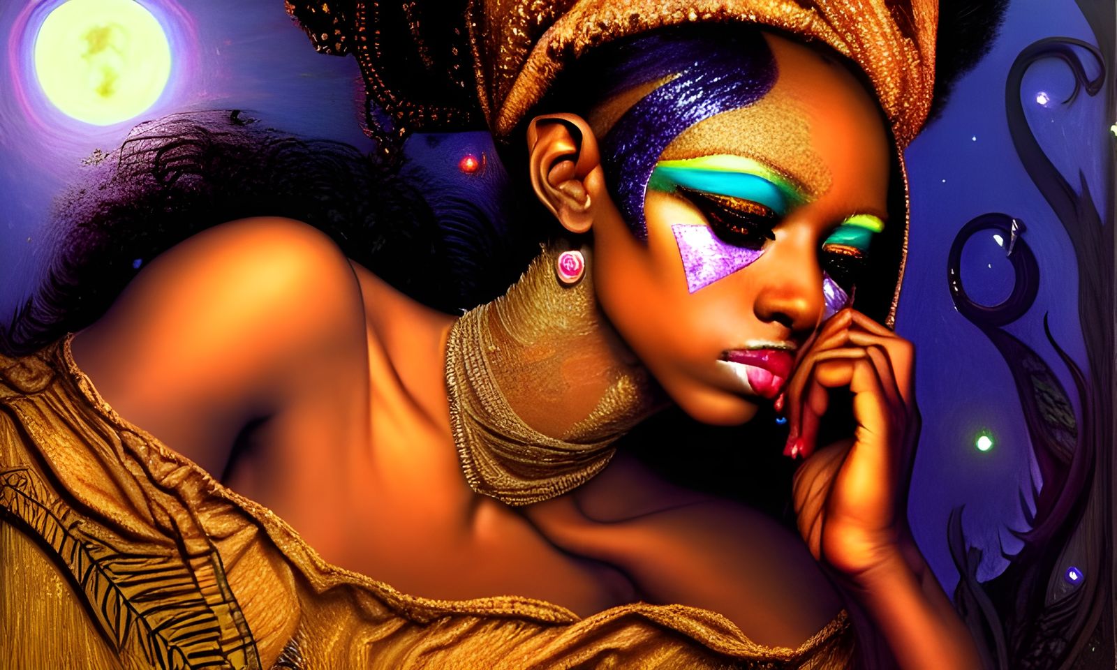 Elf Woman in Moonlight with Glittering Makeup