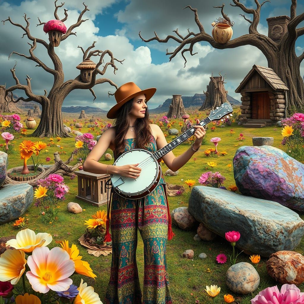 Psychedelic Banjo Player in a Dreamlike Landscape