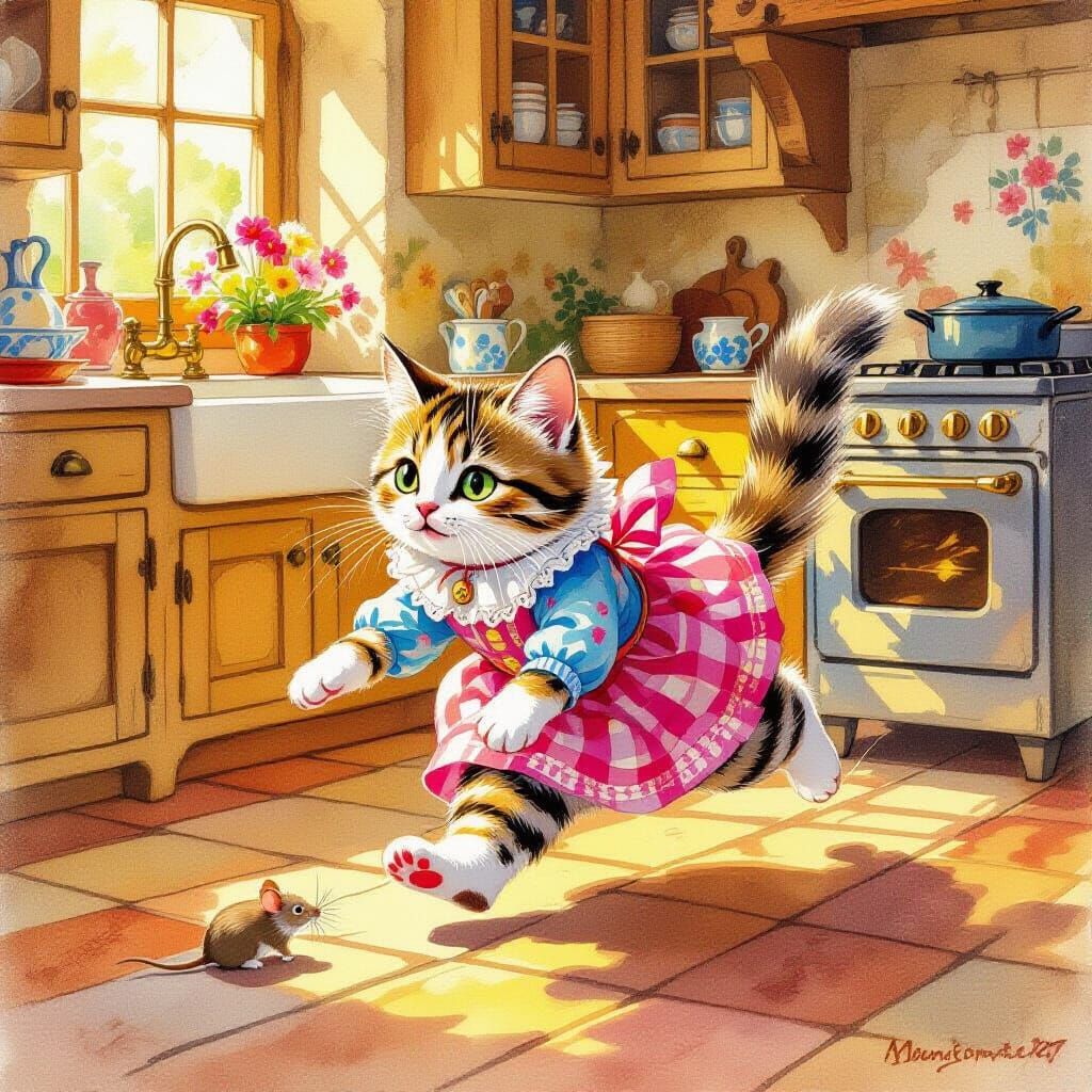 Whimsical Cat Chasing Mouse in Rustic Kitchen