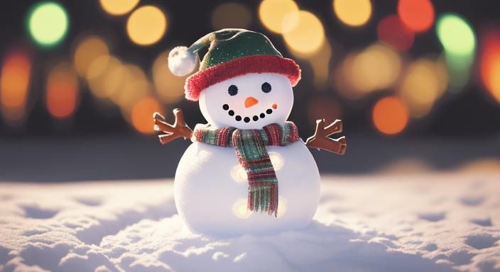 Cute Snowman with Christmas Lights Bokeh