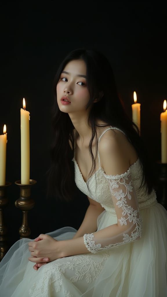 Serene Woman Surrounded by Candles, in a Haunting Style