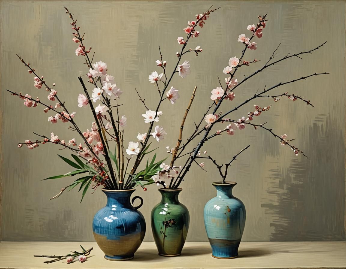 Ikebana with Cherry Blossoms in Impressionist Style