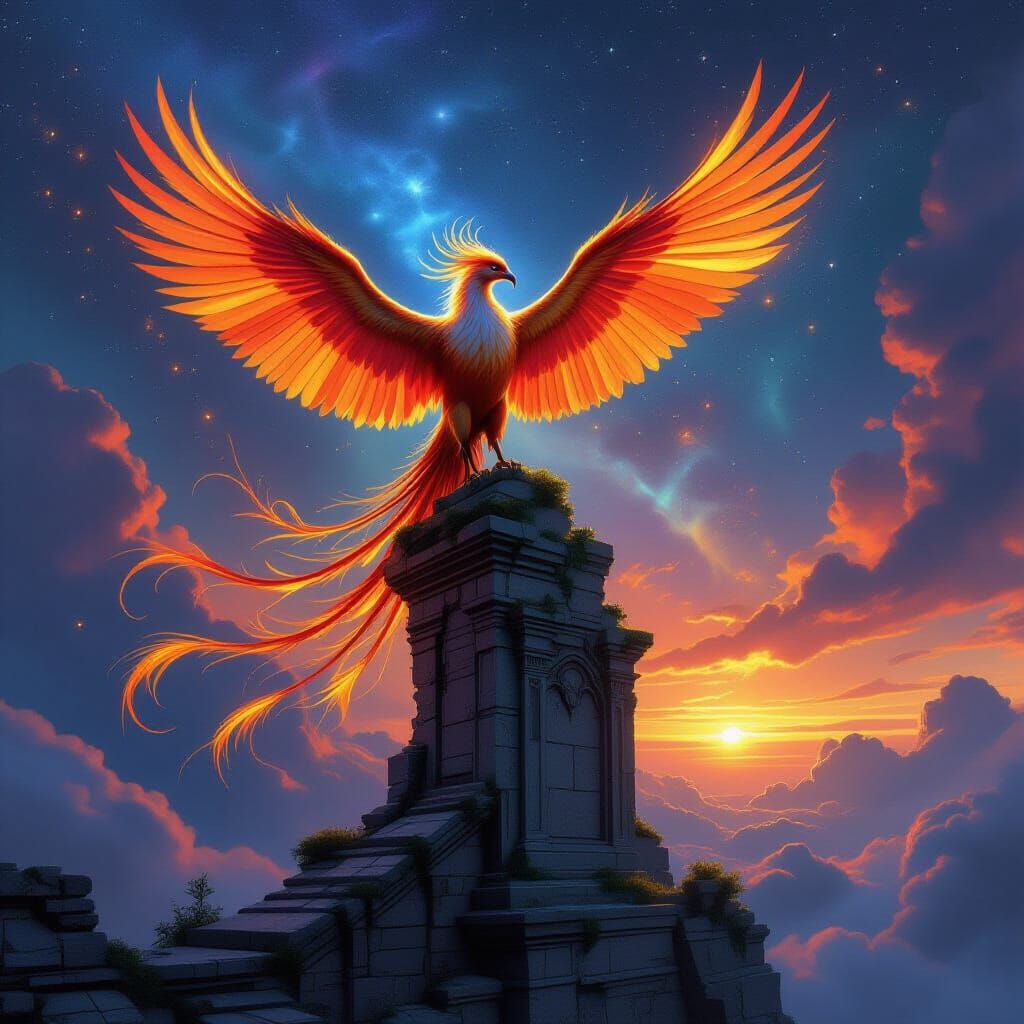 Majestic Phoenix on Ancient Ruin in Nebula