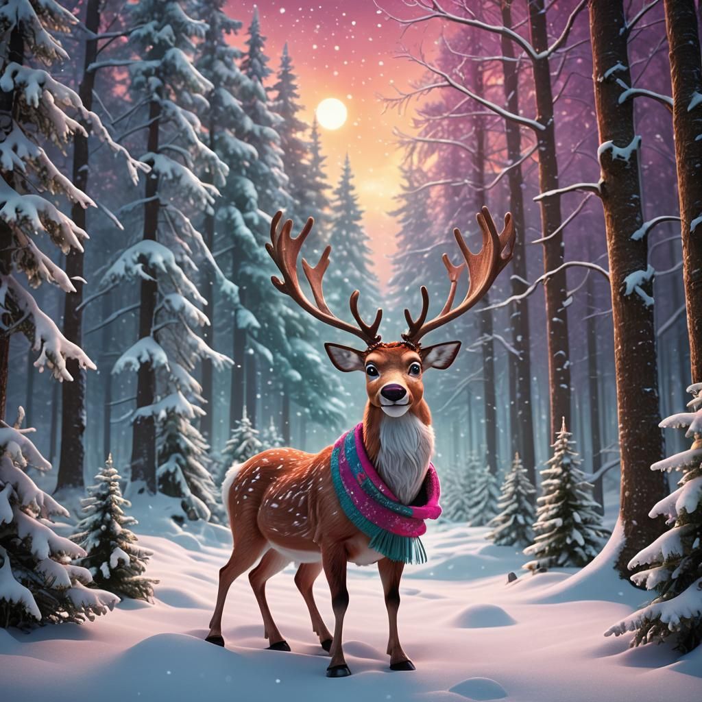 Rudolph in Snowy Forest: 3D Digital Christmas Art