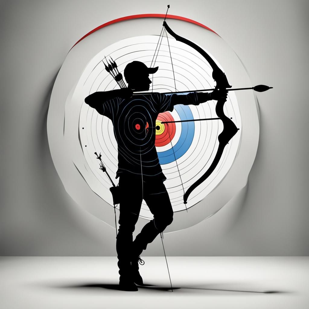 Highly realistic highly detailed 3D Silhouette of a Archer with bow and arrow hitting a bullseye target,