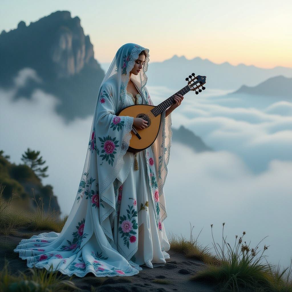 Dreamlike Musician on Misty Plateau in Romantic Surrealist S...