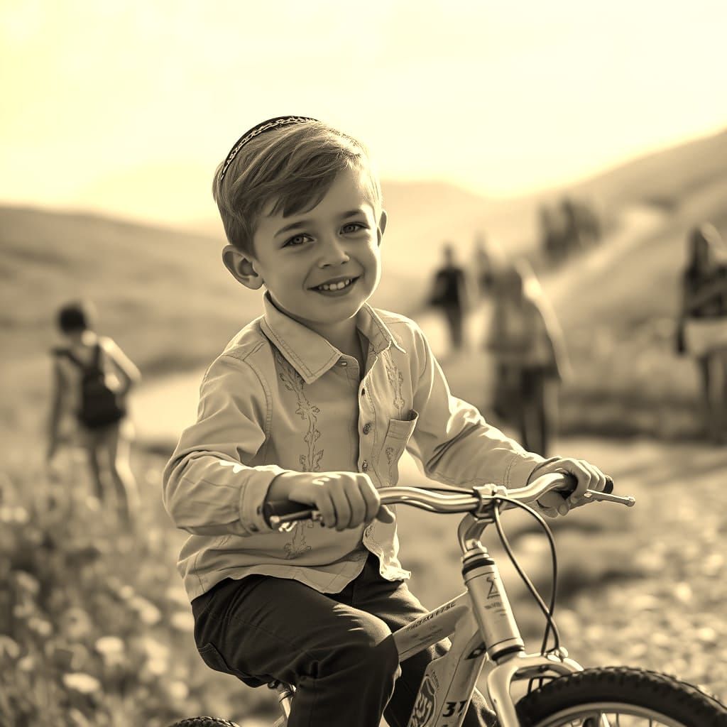 Child Rides Matzah Bicycle in Lush Green Fields